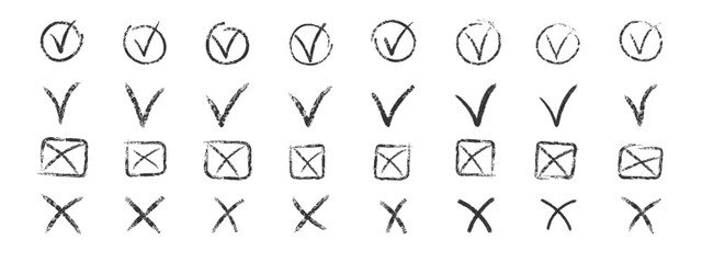 Set of chalk ticks and crosses , circle and square. Tick symbol means agree, vote, confirm. Tick and X symbols hand drawn with charcoal black pencil. Vector illustration.
