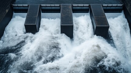 High-angle view of water flowing through a dam structure with turbulent water currents, featuring four spillway gates controlling the water flow and creating white foamy waves