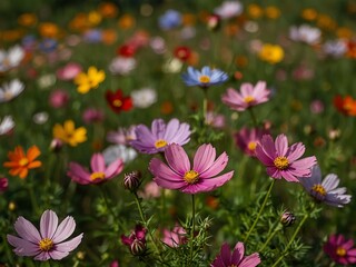 Obraz premium Colorful cosmos flowers in a field.