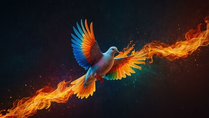 Fototapeta premium Colorful dove in flames symbolizing the Holy Spirit