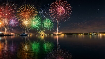 Fototapeta premium Colorful fireworks over a harbor, reflecting on the water.