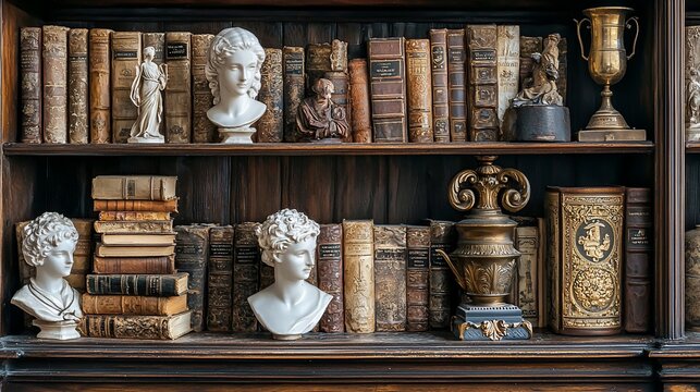 Antique books and sculptures on wooden shelves.