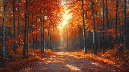 Fototapeta premium Sunlit autumn path through vibrant red and orange forest.