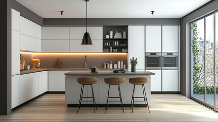 Modern sleek kitchen featuring a stylish breakfast bar with wooden stools and contemporary design elements