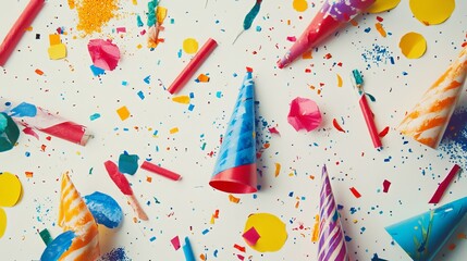 Festive scene with party supplies such as colorful party hats, streamers, and confetti scattered on a white background, creating a vibrant and celebratory atmosphere. 
