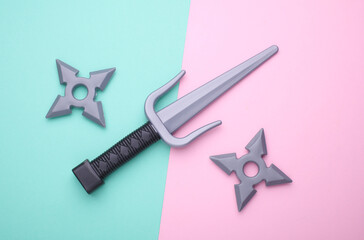 Ninja weapon play set on blue pink background