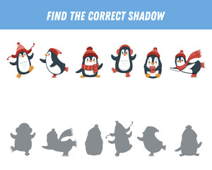 Find correct shadow of cute penguins. Educational logical game for kids. Christmas game. Cartoon funny penguin. Vector