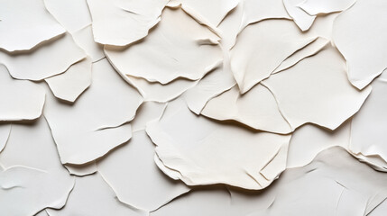Fototapeta premium Dried cracked white clay surface with overlapping layers of rough textured patterns creating an abstract organic design in neutral tones