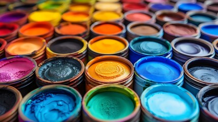 A row of paint cans in various colors, including blue, green, and yellow