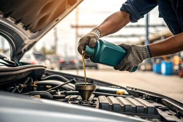 Close-up of a Mechanic’s Hands Pouring Engine Oil Into a Car’s Engine in an Open Workshop Setting. Perfect for Automotive Maintenance and Repair Use.