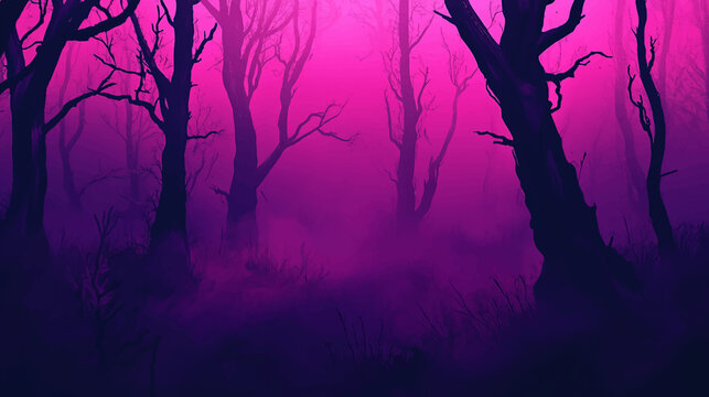 Scary dark forest at night. Halloween background with spooky woods. Vector cartoon illustration of creepy deep forest landscape with tree trunks, grass and stones