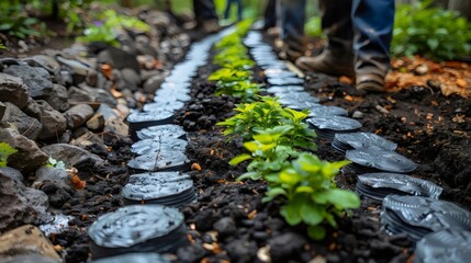 Obraz premium A group of people are working on a garden with a black plastic barrier