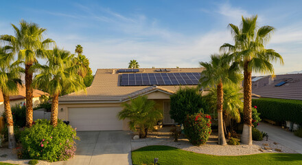 Obraz premium Modest real estate home with solar power panels roof 