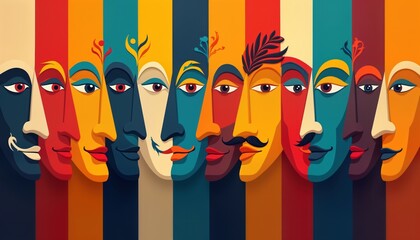 Colorful artistic representation of Ravana ten heads. Head different vice. Vibrant colors, flat design create striking visual. Indian culture, mythology, Dussehra festival central themes. Symbolic
