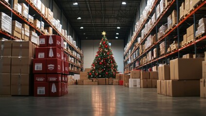 Warehouse with stacked boxes and a decorated Christmas tree, symbolizing holiday preparation and logistics.