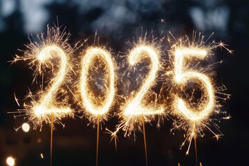 Sparkler display creates glowing 2025 numbers celebrating New Year's Eve at night