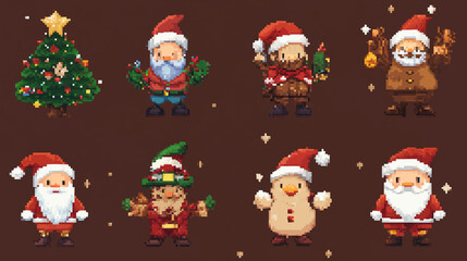 Set of santa claus pixel art 8 bits style christmas icons retro classic vintage design for web pages, apps, menus, social media, animation, network and advertising, vector illustration.