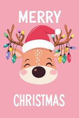Adorable christmas card with cute reindeer wearing a Santa hat on pink background