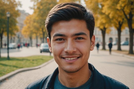 Close portrait of a smiling young Uzbek man looking at the camera, Uzbek city outdoors  blurred background