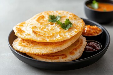 indian cuisine showcase, freshly made dosas displayed neatly next to vibrant chutneys in a traditional indian kitchen, ideal for showcasing text