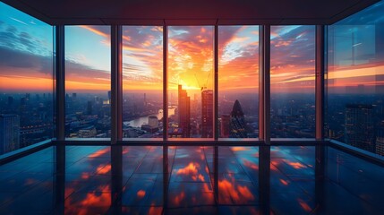 A city skyline is reflected in a window of a building