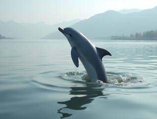 Obraz premium A playful dolphin leaps gracefully out of the water, showcasing its agility and power.