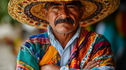 Obraz premium Portrait of a Traditional Mexican Man in Colorful Attire and Sombrero Against a Vibrant Background