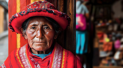 Obraz premium Portrait of a Smiling Elderly Peruvian Woman in Traditional Colorful Clothing