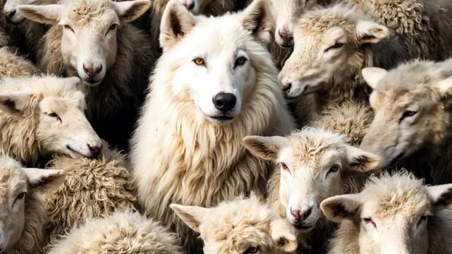 A wolf camouflaged in a flock of sheep. 02.