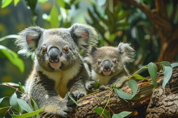 Fototapeta premium Koala, phascolarctos cinereus, Mother with Young standing on Branch,. 