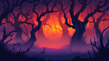 Scary dark forest at night. Halloween background with spooky woods. Vector cartoon illustration of creepy deep forest landscape with tree trunks, grass and stones