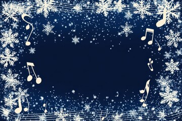 A navy blue background with white snowflakes and musical notes framing the edges, with space in the center for text, creating a festive atmosphere Generative AI