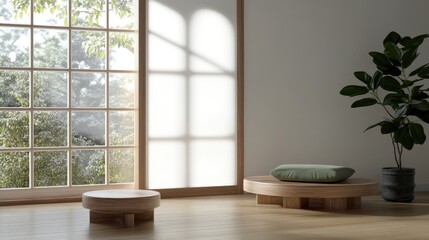 Wooden staircase adorned with soft cushions and plants, complemented by open space and natural light enhances simple elegance