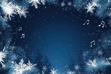 A dark blue background with white snowflakes and musical notes around the edges, a large blank space in the center for text Generative AI