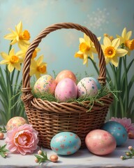 Card with easter eggs in a basket with flowers