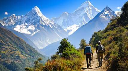 Fototapeta premium 山道を歩くバックパッカーと雄大な景色