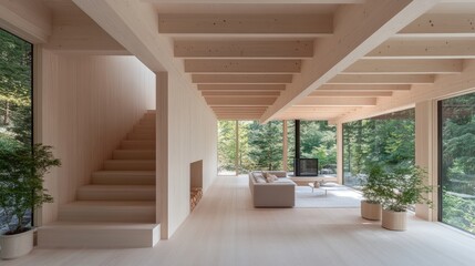 Wooden staircase adorned with soft cushions and plants, complemented by open space and natural light enhances simple elegance