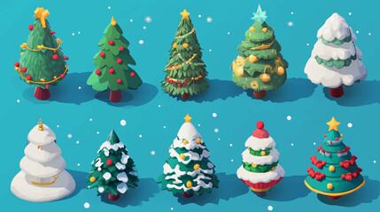 Isometric Christmas tree, 3d fir pine tree, winter holidays symbol. Winter holidays decorated green fir trees vector symbols illustrations set. Vector Christmas trees collection