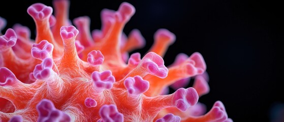 Lymphocyte immune cell activation concept. A close-up view of a virus structure, showcasing its colorful spikes and intricate details against a dark background.