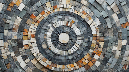 Fototapeta premium Circular Stone Mosaic Tile Texture Multicolored Pebbles Grey Beige Brown Design Eleme