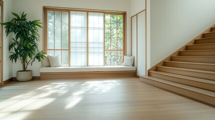 Wooden staircase adorned with soft cushions and plants, complemented by open space and natural light enhances simple elegance