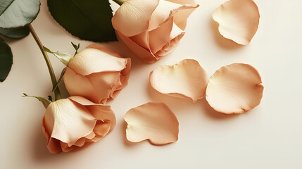 Beautiful Valentine's Day composition with soft peach roses, leaves, and hearts on a light pastel background. 