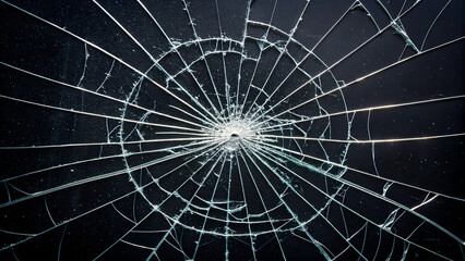 Close-up of a shattered glass with intricate radial cracks spreading from the center, creating a striking pattern against a dark background.