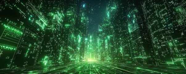 Futuristic 3D digital cityscape illuminated in glowing green grid lines against a dark background, representing advanced technology and connectivity
