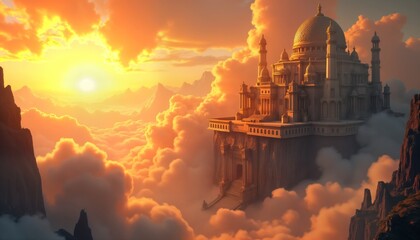Ethereal palace floats amongst clouds. Golden light bathes majestic structure. Cloud-based island setting. Mythical creatures. Classical architecture blended fantastical elements. Sunrise view.
