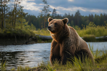 Obraz premium brown bear against the background of a lake,. 