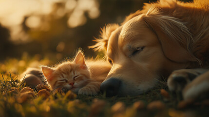 Golden retriever and sleepy kitten napping together in a sunlit garden, sharing trust