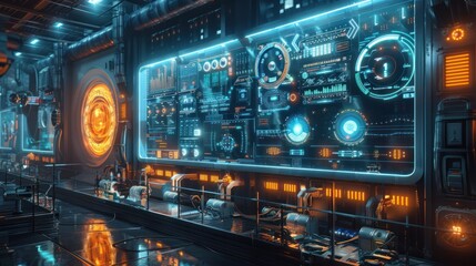 Obraz premium Detailed view of a high tech futuristic control panel with a sleek glowing digital display showing various virtual holographic data and information
