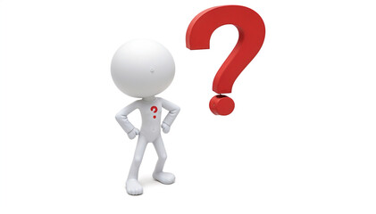 Curious 3D Character Pondering a Large Red Question Mark