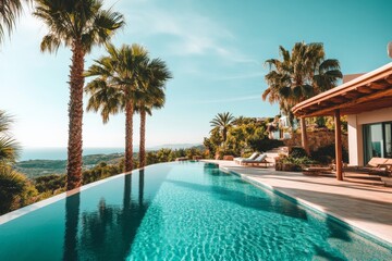 Stylish villa featuring a luxurious infinity pool offers panoramic ocean views and is surrounded by swaying palm trees, representing exclusivity and tranquility.